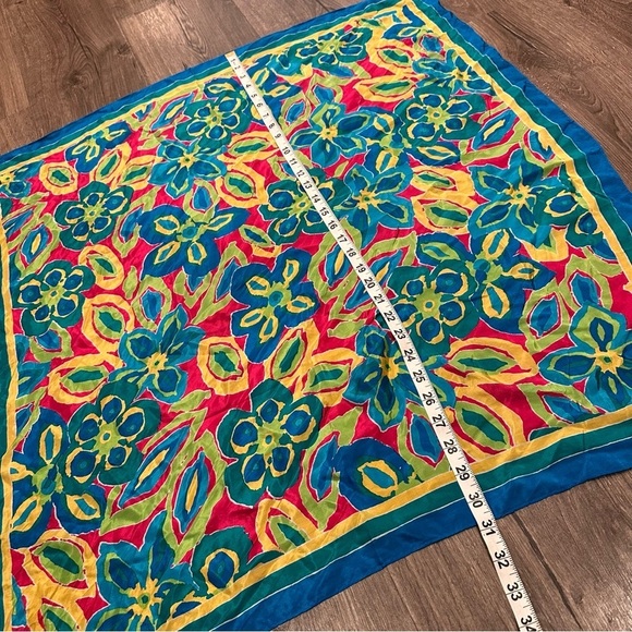 Vtg HONEY Bright Multicolor Floral Silk SIGNED SCARF Japan Preppy Career Spring - Picture 8 of 12